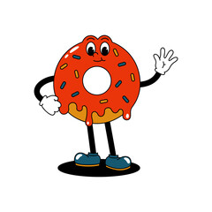 Vector cartoon retro mascot color illustration walking donut. Vintage style 30s, 40s, 50s old animation. The clipart is isolated on a white background.