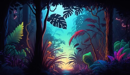 Fototapeta na wymiar Tropical forest illustration with neon glow and vivid