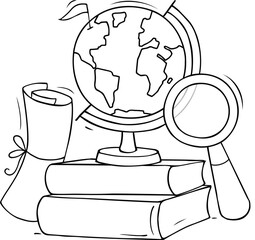 Doodle people, world globe map and books