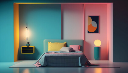simple abstract bedroom scene: modernist architecture with flat, bright, and sweet colors, featuring elegant patterns and ambient lighting. generative ai