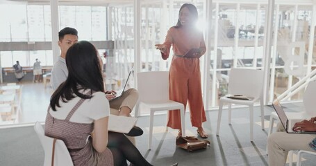 Business people, manager and startup meeting with coaching, workshop and training in circle for team building communication. Question, introduction and black woman with digital marketing technology