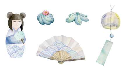 Watercolor hand drawn set of traditional Japanese sweets. Summer nerikiri wagashi with fan. Isolated on white background. Design for invitations, restaurant menu, greeting cards, print, textile.