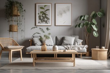 Minimalist living room with gray couch, wooden cube and coffee table, books, plants, mock up poster frame, macrame, and stylish accessories. Interior design. Template. Generative AI