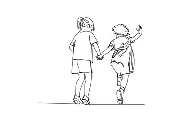 Continuous one-line drawing two girls playing holdings hands. Children day concept. Single line drawing design graphic vector illustration