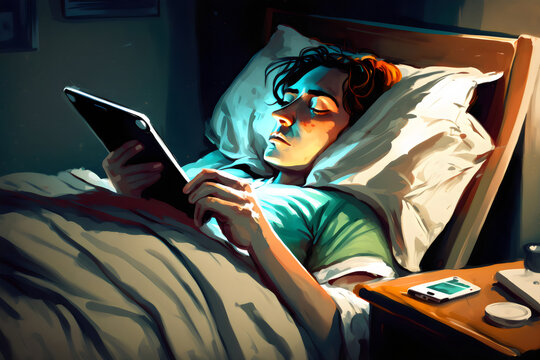 person looking at tablet in bed, in impressionist painting style, made with generative ai