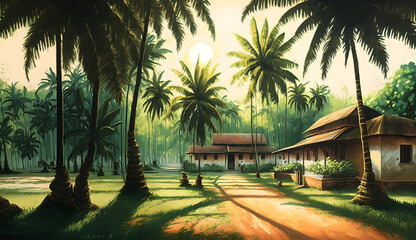 The sun casts a warm glow over a peaceful Malay village, a tall and majestic coconut tree sways gently using generative art