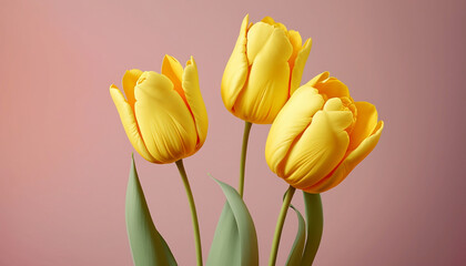 beautiful yellow tulips on pastel pink background, isolated: attention to detail, high quality advertisement photography with depth of field, hyper-detailed, beautifully color-coded. generative ai
