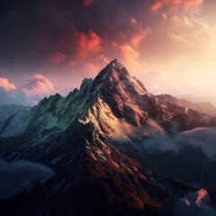 Fototapeta na wymiar A Mesmerizing Screensaver of a Colorful Mountain Landscape with Snowy Peaks, Vibrant Clouds and a Spectacular Sky at Sunset. Generative AI