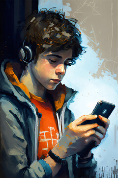 boy with headphones looking at phone in impressionist painting style, made with generative ai