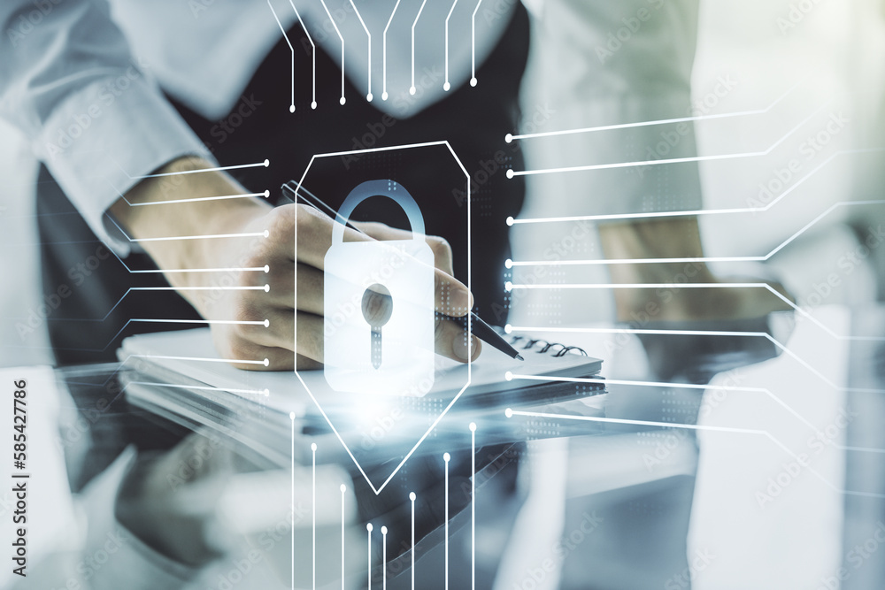 Poster creative lock sketch with chip hologram and man hand writing in notepad on background, protection of