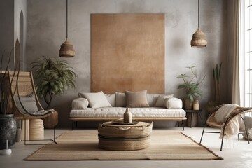 Contemporary nomadic living room backdrop, wall mockup,. Generative AI