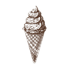 A hand-drawn sketch of a waffle cone with frozen yogurt or soft ice cream. Vintage illustration. Element for the design of labels, packaging and postcards.