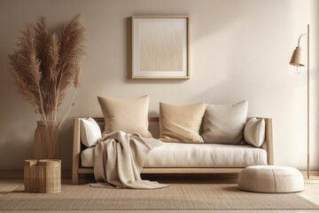 Interior wall mockup in warm neutrals with low couch, beige cushion, and dried Pampas grass on caned table in japanese style living room with empty white wall backdrop, illustration. Generative AI