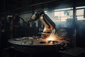 Robotic arm works on welding. Conveyor line at factory. Automatic welding. Created with Generative AI