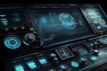 Futuristic central control panel. Operator workplace with a lot of screens and buttons for monitoring technology process at production line. Created with Generative AI