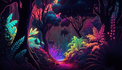 Fototapeta na wymiar Tropical forest illustration with neon glow and vivid