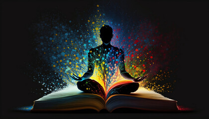 power of meditation with open book: serene setting, vibrant colors emanating from pages invite inner peace and personal growth through practice. perfect for transformation. generative ai