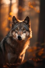 Portrait of a gray wolf in forest. Scene of wild nature. Generative AI.