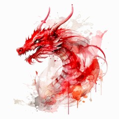 Watercolor illustration of a red dragon on white background. Generative AI.