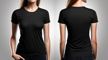 Photo realistic woman black t-shirts with copy space, front and back view. Created with Generative AI Technology - obrazy, fototapety, plakaty