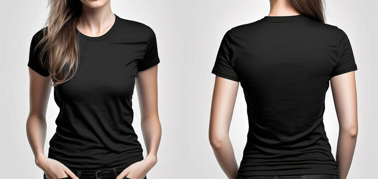 Photo realistic woman black t-shirts with copy space, front and back view. Created with Generative AI Technology