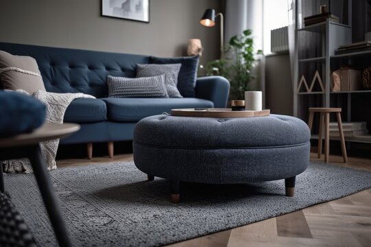 Navy stool with fabric couch in grey living room. Blue ottoman on striped carpet. Generative AI