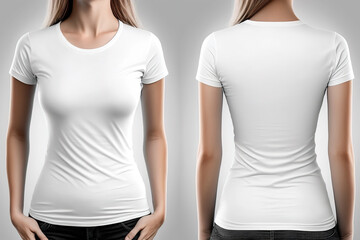 Photo realistic woman white t-shirts with copy space, front and back view. Created with Generative AI Technology