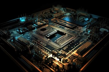 Orange, blue technology background/ Orange and blue technology background circuit board and code, Generative AI