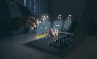 Customer review satisfaction feedback survey. User giving rating to product and service online.