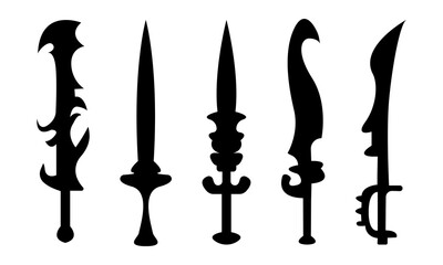 set of old daggers in black silhouette in vintage style