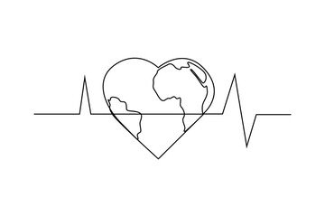 Single one-line drawing a world, heart, and healthy symbol. World health day concept. Continuous line drawing design graphic vector illustration.