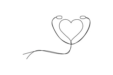 Single one-line drawing a stethoscope and a heart. World health day concept. Continuous line drawing design graphic vector illustration.