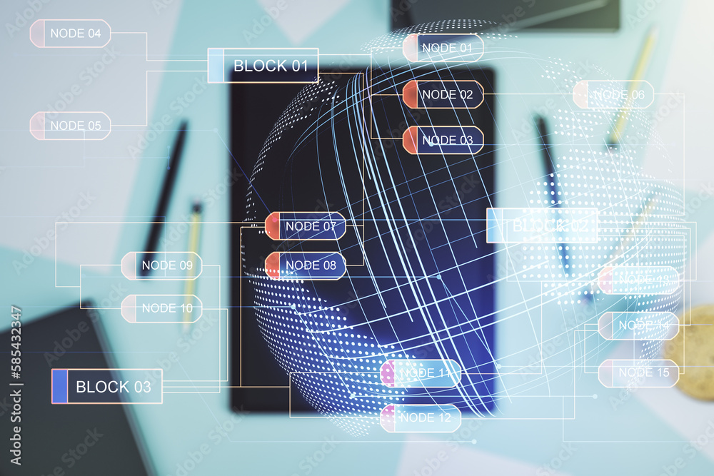 Fototapete abstract creative coding illustration with world map and modern digital tablet on desktop on backgro