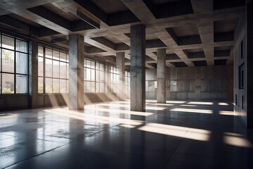 Empty concrete open space interior with sunlight, Generative AI