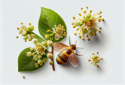 Linden flowers with honey bee isolated on a white background. Generative AI