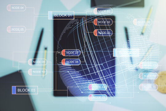 Abstract creative coding illustration with world map and modern digital tablet on desktop on background, top view, international software development concept. Multiexposure