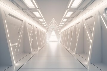 Empty Long Light Corridor. Modern white background. Futuristic Sci - Fi Triangle Tunnel. 3D Rendering, Generative AI
