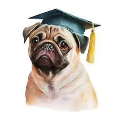 Dog in graduation cap. Funny pug graduating college or high school. Watercolor illustration created with Generative Ai technology