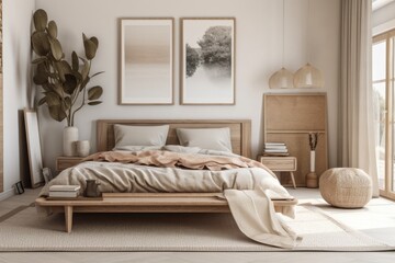 Mock up frame in beige bedroom with natural wooden furnishings. Generative AI