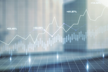 Multi exposure of virtual abstract financial diagram on contemporary business center exterior background, banking and accounting concept