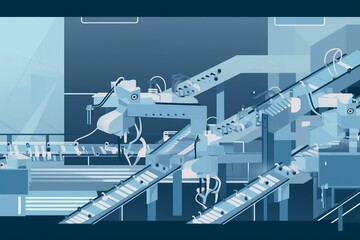 Naklejka na ściany i meble Flat illustration of robotic arms assembling products in Industry 4.0 production line, futuristic factory, blue-gray color scheme, machinery. generative ai