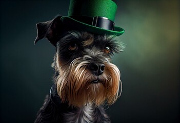 Dog in green top hat, St. Patrick's Day outfit. AI generated. Generative AI