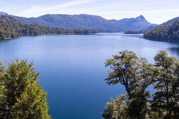 Naklejka premium Driving the famous and idyllic road of the seven lakes from San Martin de los Andes to Villa la Angostura in Patagonia, Argentina