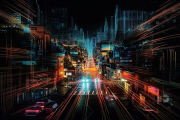 Fototapeta na wymiar Speed and motion - driving into big city at night, Generative AI