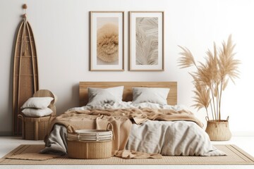 Vertical poster mockup in boho bedroom decor with two wooden frames on shelf above bed, beige blanket, cushion with tassels, dried grass, and basket on white wall,. Generative AI