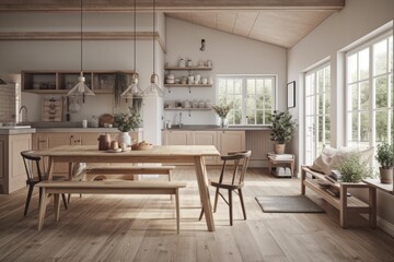 Scandinavian farmhouse. Beige wood kitchen and living room. Food on dining table. Generative AI