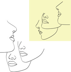 Three women face minimalist illustrations. Silhouette with pastel decor. One line drawing.