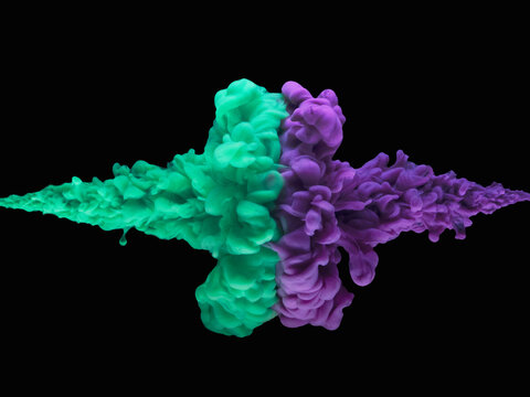 水中で衝突する絵の具 , 紫と緑2 , 黒背景