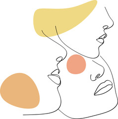 Three women face minimalist illustrations. Silhouette with pastel decor. One line drawing.