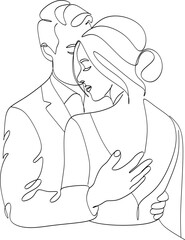 Line art of a kissing couple. Line drawing of a man and a woman in love. Valentine's Day minimalistic modern card illustration. Wedding logo. Romantic postcard. Love concept. Fall in love.